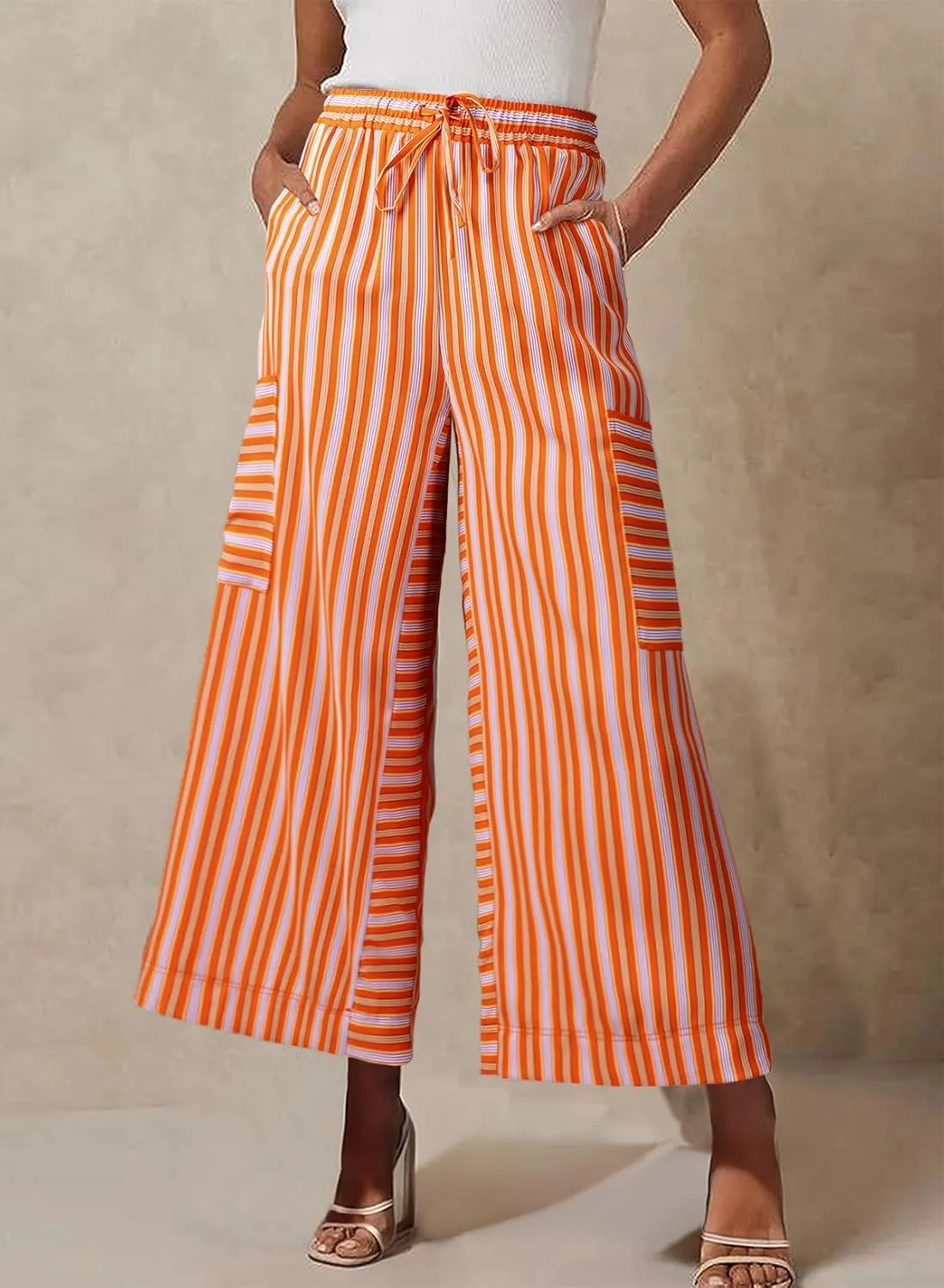 EVALESS Women Palazzo Pants Summer Casual Wide Leg High Waist Lounge Flowy Beach Striped Trousers Travel Vacation Outfits