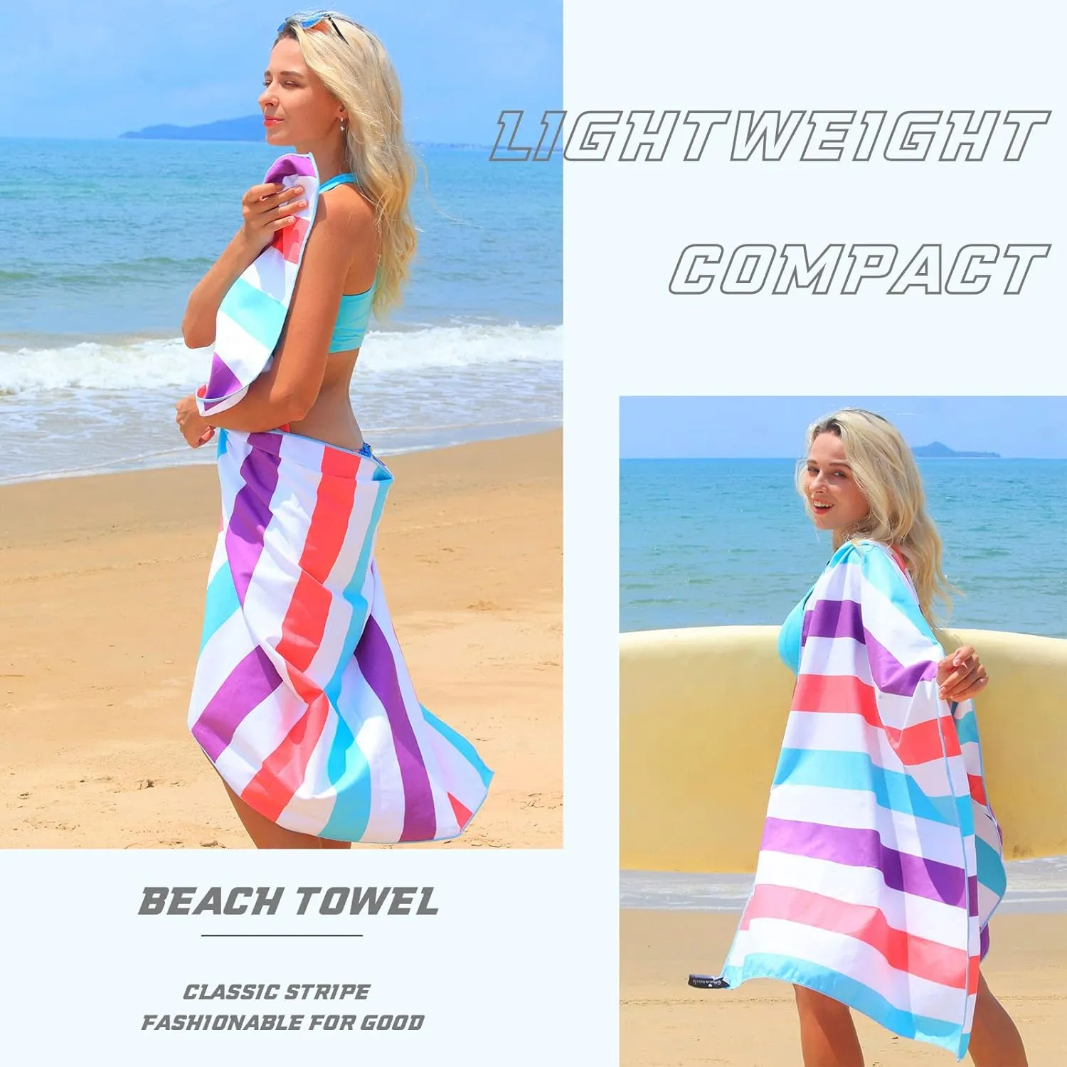 Exclusivo Mezcla 6 Pack Large Quick Dry Beach Towels, Microfiber Sand Free Cabana Stripe Pool Bath Swim Towel with Bag, Lightweight and Thin (Mixed Color, 30x60 Inches)