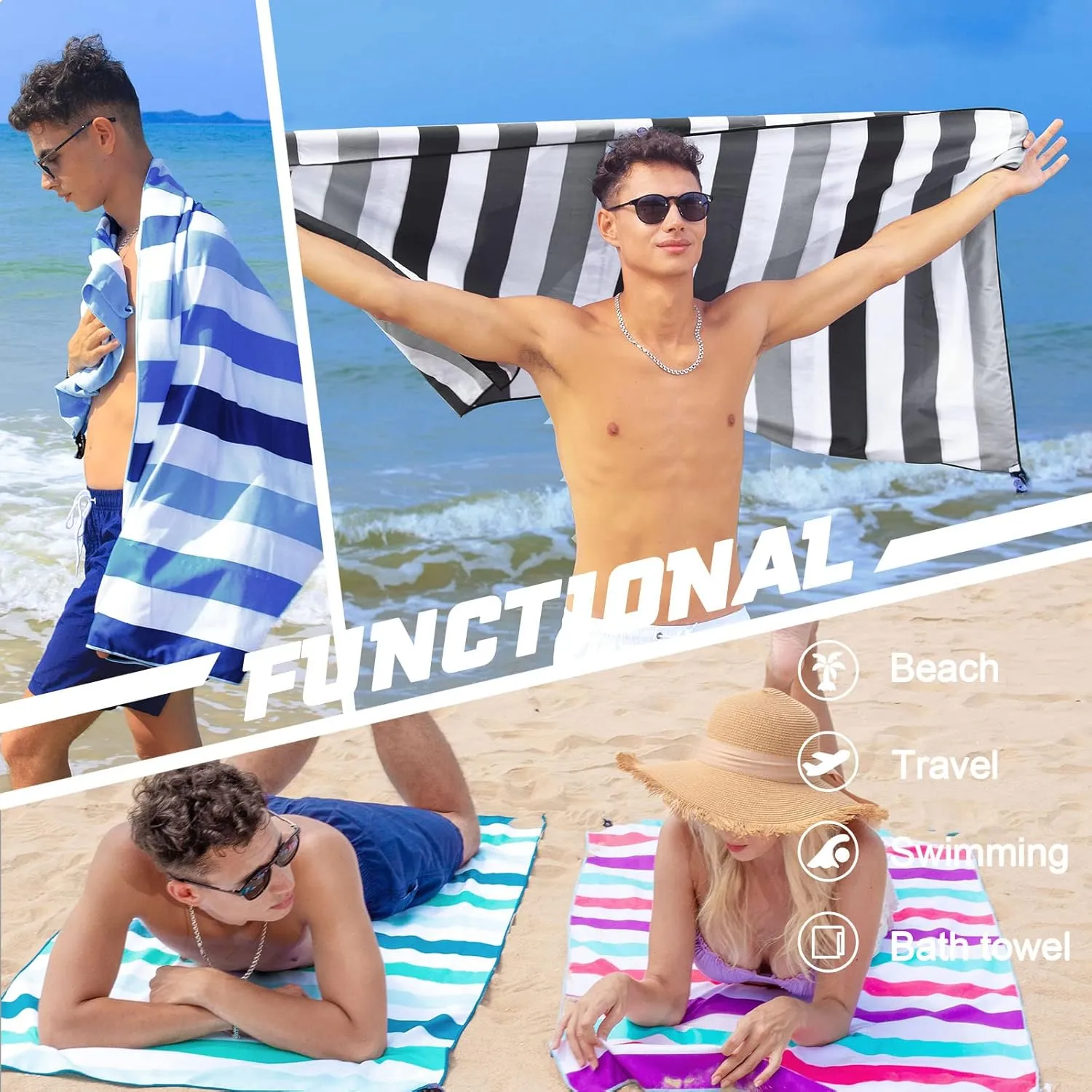 Exclusivo Mezcla 6 Pack Large Quick Dry Beach Towels, Microfiber Sand Free Cabana Stripe Pool Bath Swim Towel with Bag, Lightweight and Thin (Mixed Color, 30x60 Inches)
