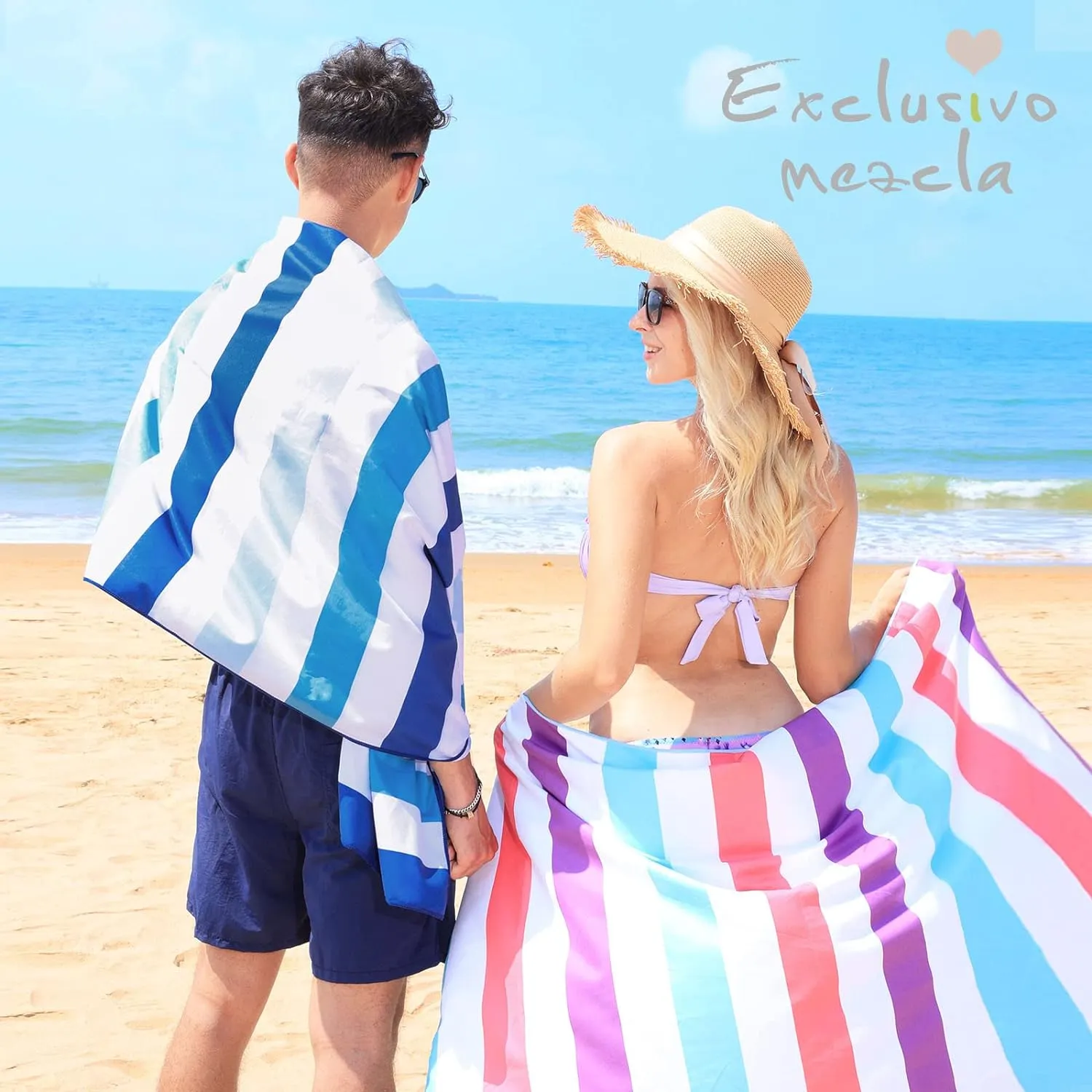 Exclusivo Mezcla 6 Pack Large Quick Dry Beach Towels, Microfiber Sand Free Cabana Stripe Pool Bath Swim Towel with Bag, Lightweight and Thin (Mixed Color, 30x60 Inches)