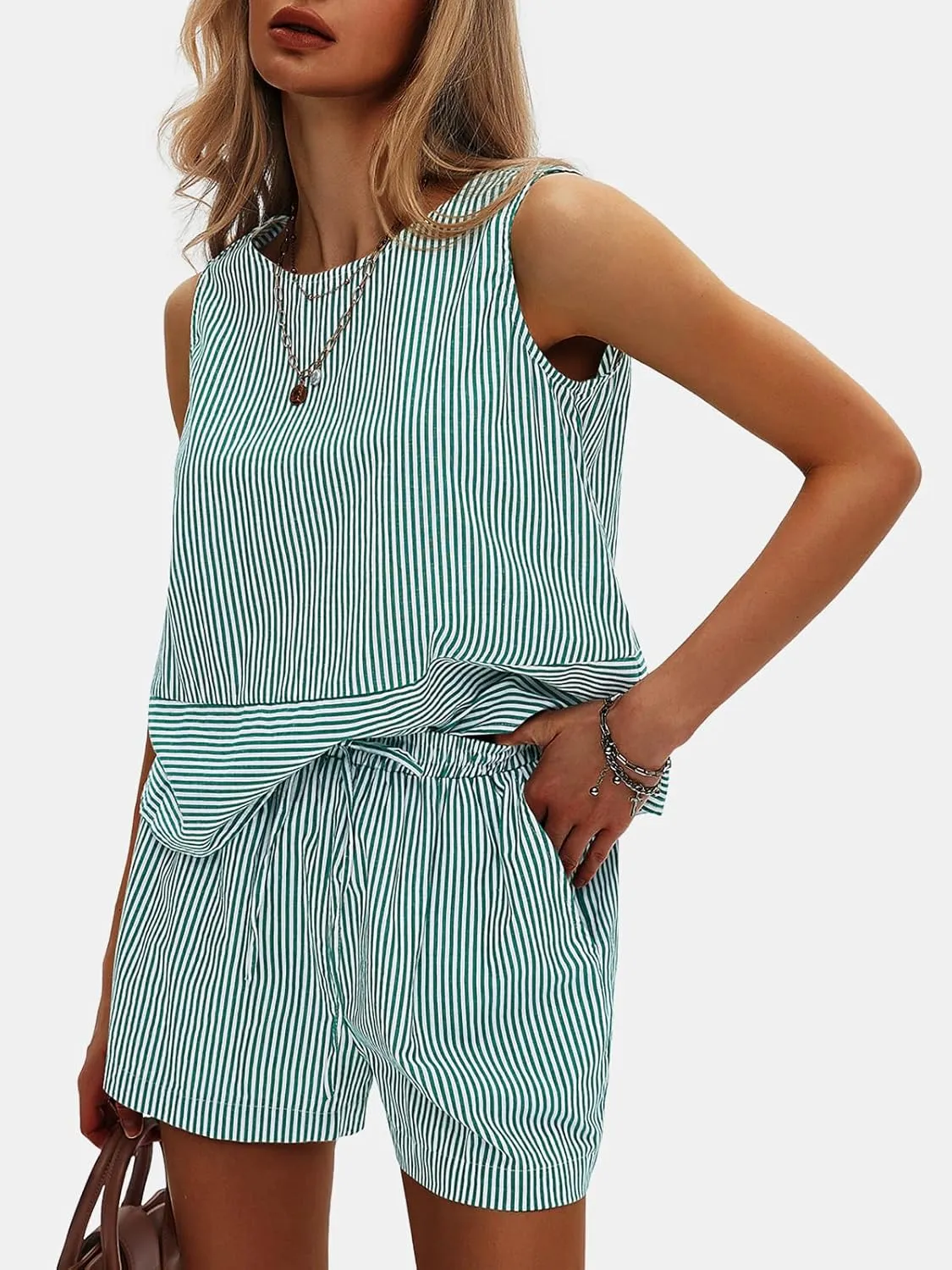 EXLURA Women's Summer 2 Piece Outfits Sleeveless Tank Top Matching Shorts Sets Cotton Striped Sweatsuits Vacation Beach 2025