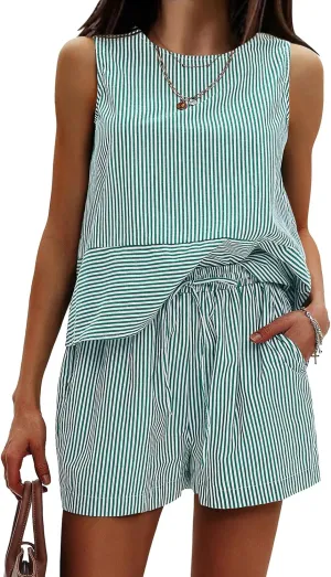 EXLURA Women's Summer 2 Piece Outfits Sleeveless Tank Top Matching Shorts Sets Cotton Striped Sweatsuits Vacation Beach 2025