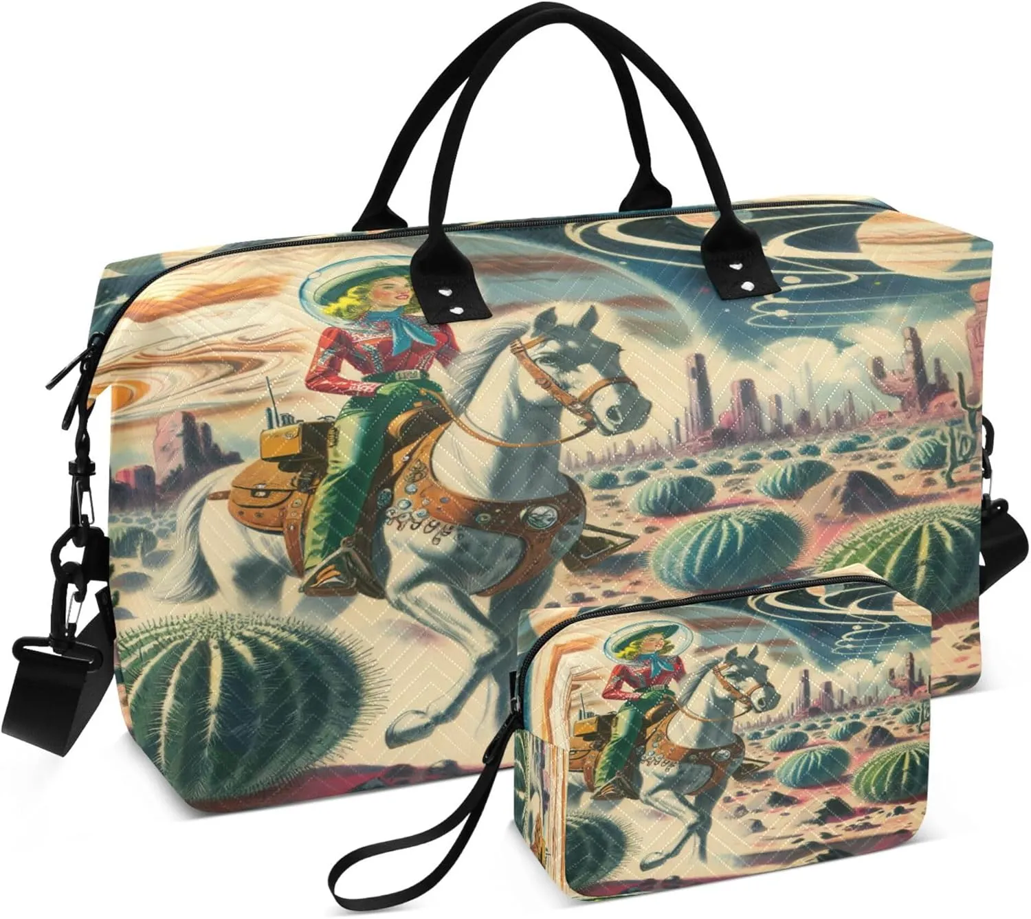Exnundod Cactus Cowgirl Magical Travel Duffel Bags for Women Vintage Sports Gym Bag Weekender Carry On Tote Overnight Luggage Duffle Bags