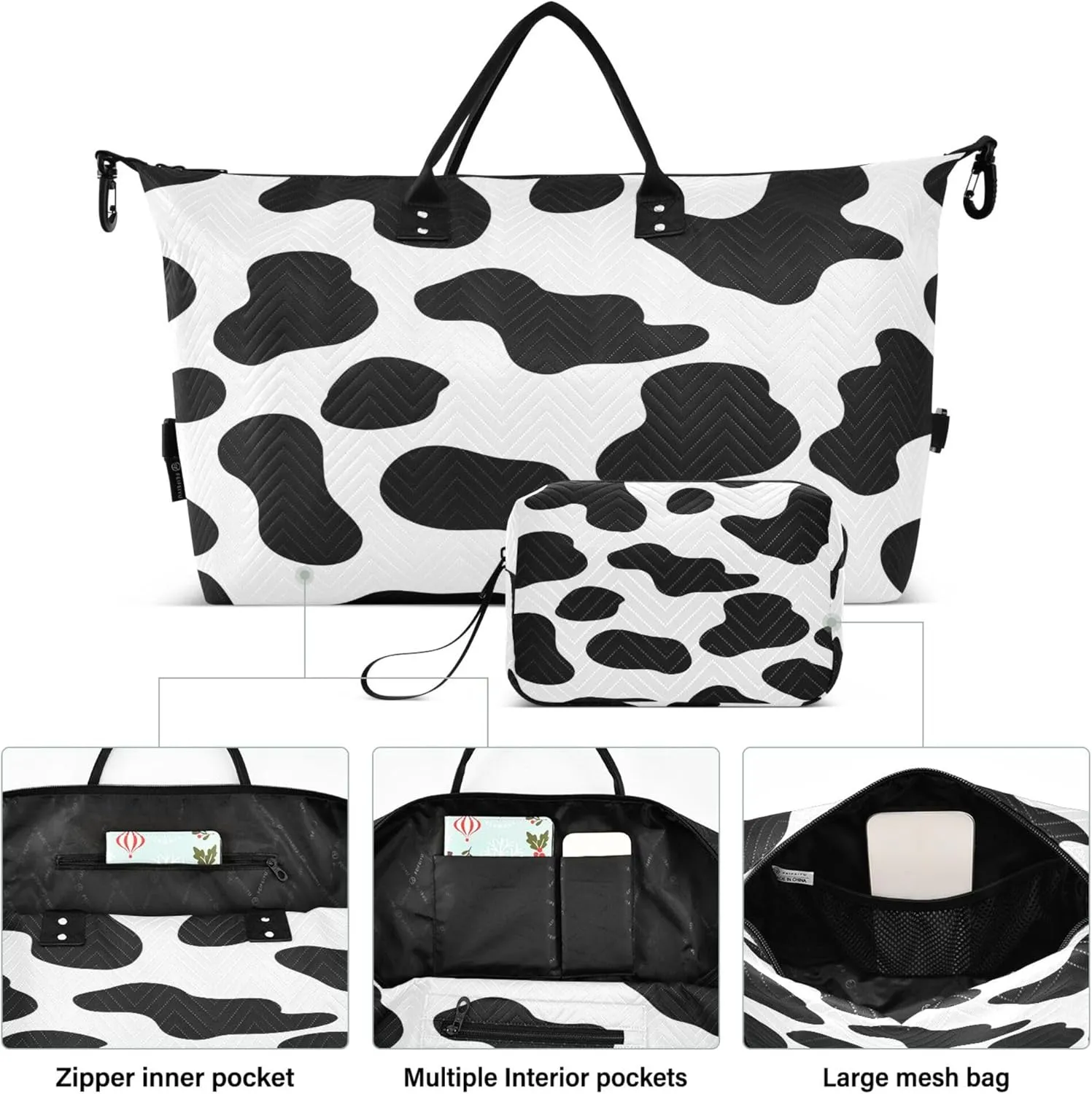 Exnundod Cow Print Cute Travel Duffel Bags for Women Creative Funny Sports Gym Bag Weekender Carry On Tote Overnight Luggage Duffle Bags