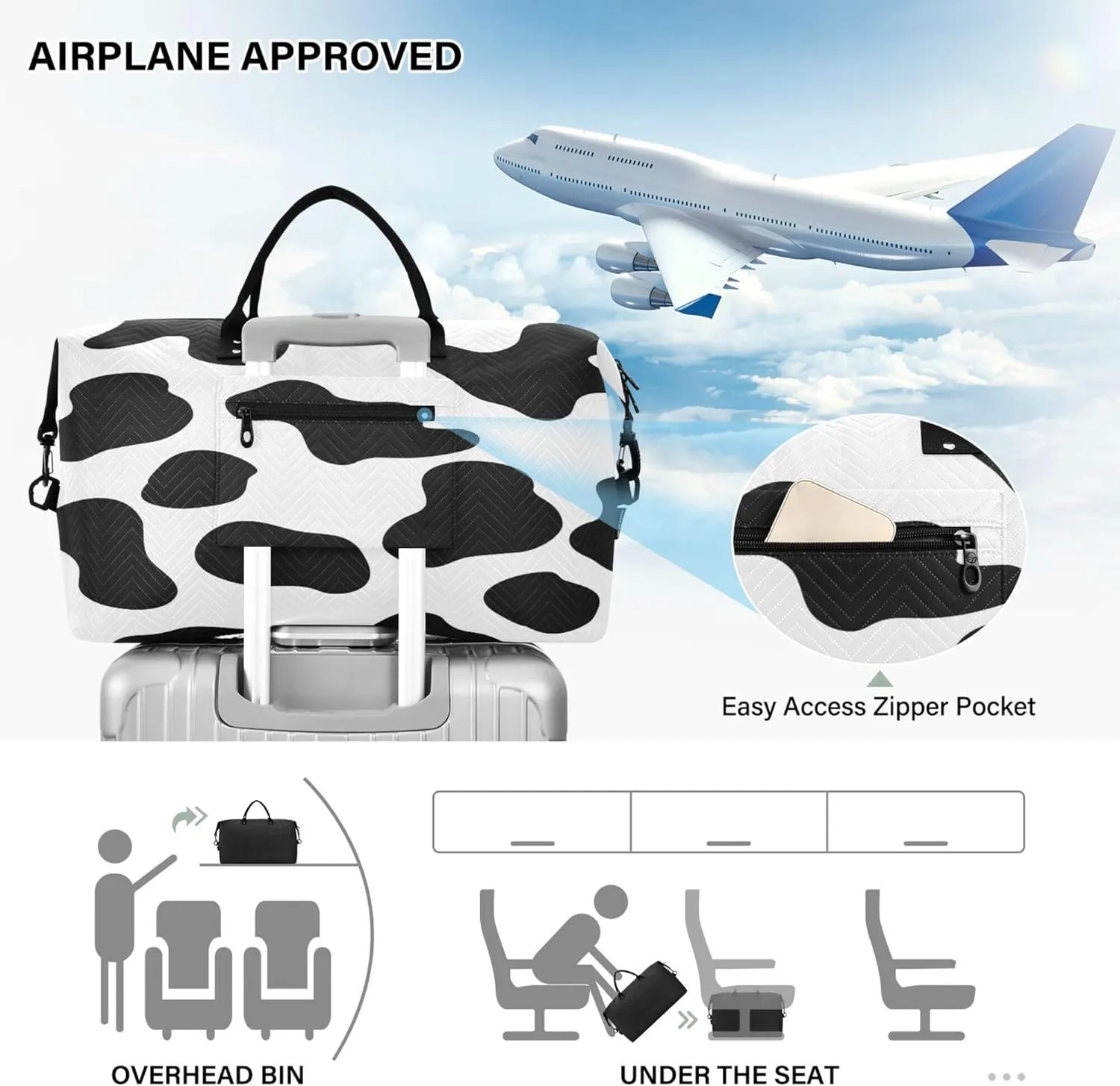 Exnundod Cow Print Cute Travel Duffel Bags for Women Creative Funny Sports Gym Bag Weekender Carry On Tote Overnight Luggage Duffle Bags