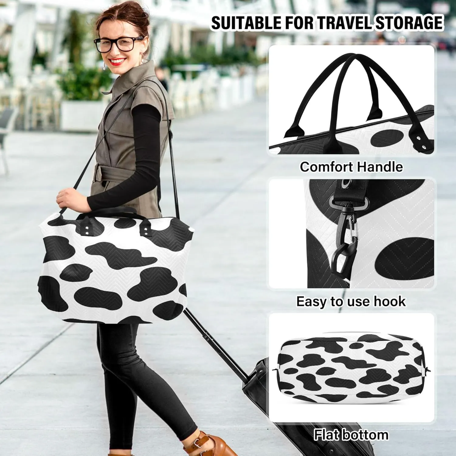 Exnundod Cow Print Cute Travel Duffel Bags for Women Creative Funny Sports Gym Bag Weekender Carry On Tote Overnight Luggage Duffle Bags