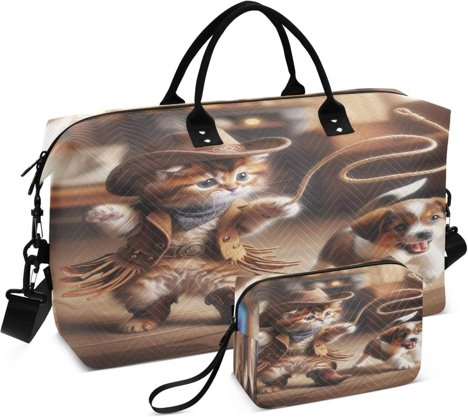 Exnundod Cowboy Kitty Lassoing Puppy Travel Duffel Bags for Women Cute Sports Gym Bag Weekender Carry On Tote Overnight Luggage Duffle Bags