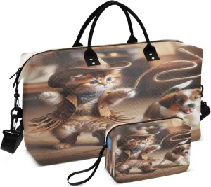 Exnundod Cowboy Kitty Lassoing Puppy Travel Duffel Bags for Women Cute Sports Gym Bag Weekender Carry On Tote Overnight Luggage Duffle Bags