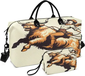 Exnundod Cowgirl Highland Cow Rodeo Travel Duffel Bags for Women Vintage Style Sports Gym Bag Weekender Carry On Tote Overnight Luggage Duffle Bags