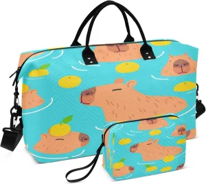 Exnundod Cute Capybara Water Fruit Travel Duffel Bags for Women Sports Gym Bag Weekender Carry On Tote Overnight Luggage Duffle Bags