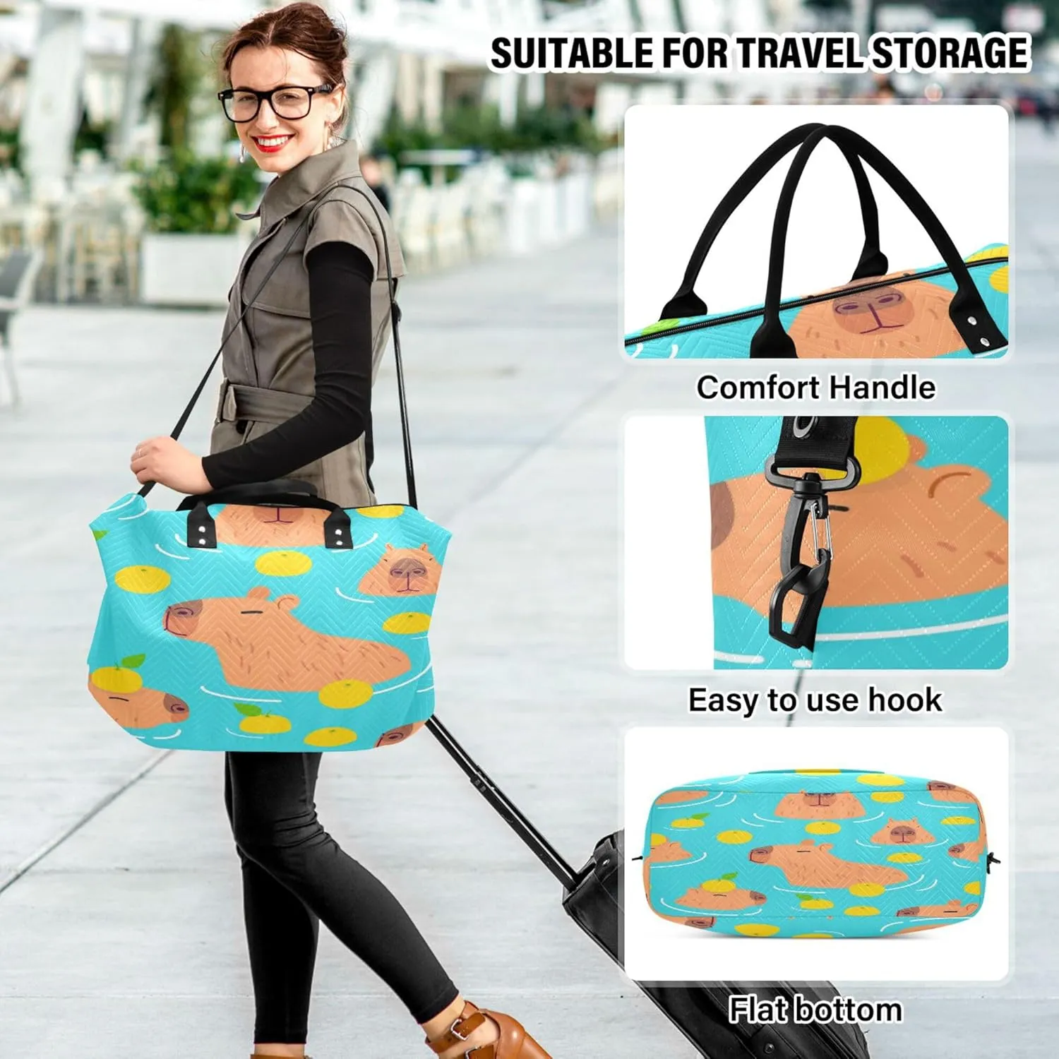 Exnundod Cute Capybara Water Fruit Travel Duffel Bags for Women Sports Gym Bag Weekender Carry On Tote Overnight Luggage Duffle Bags