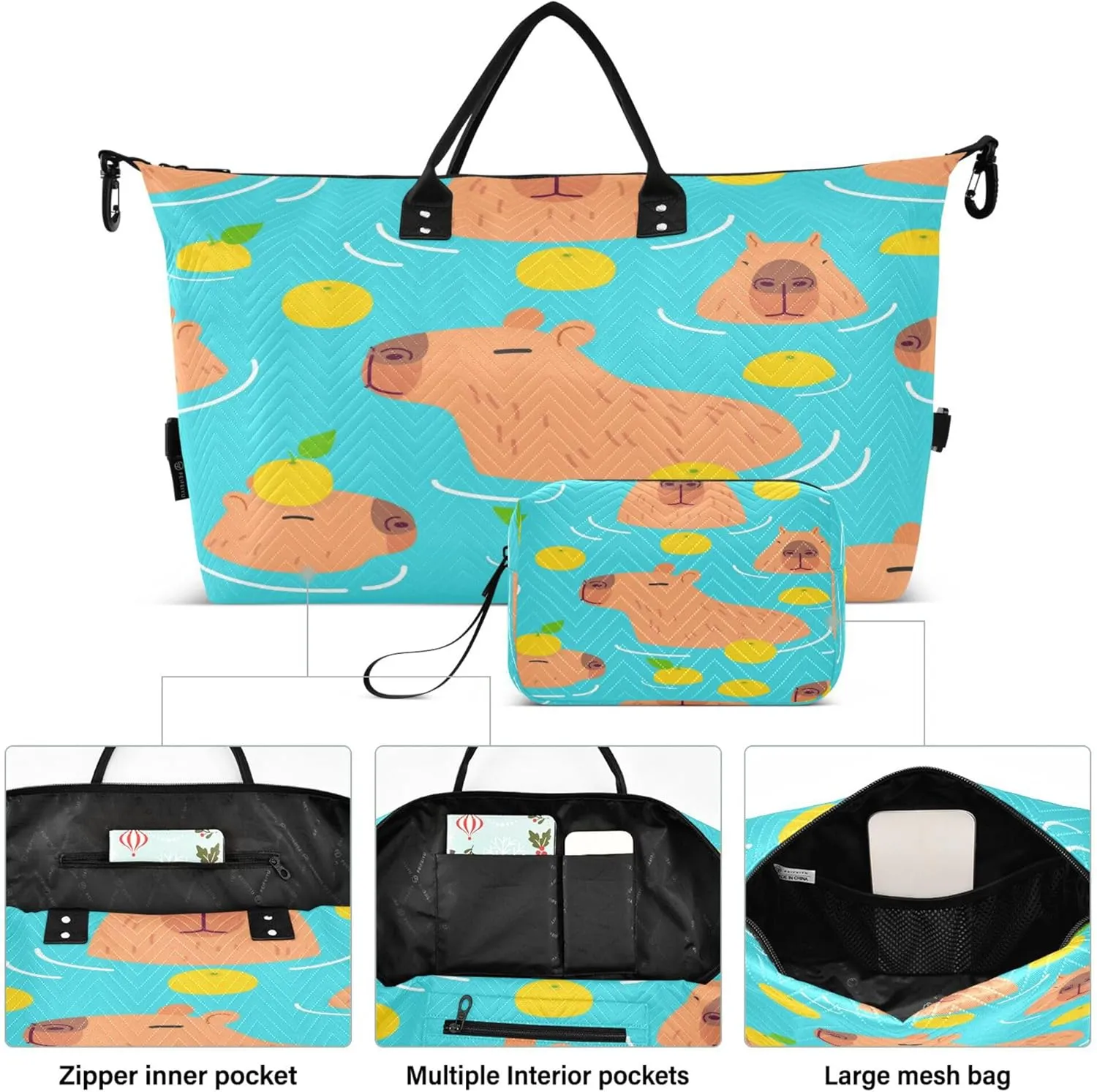 Exnundod Cute Capybara Water Fruit Travel Duffel Bags for Women Sports Gym Bag Weekender Carry On Tote Overnight Luggage Duffle Bags