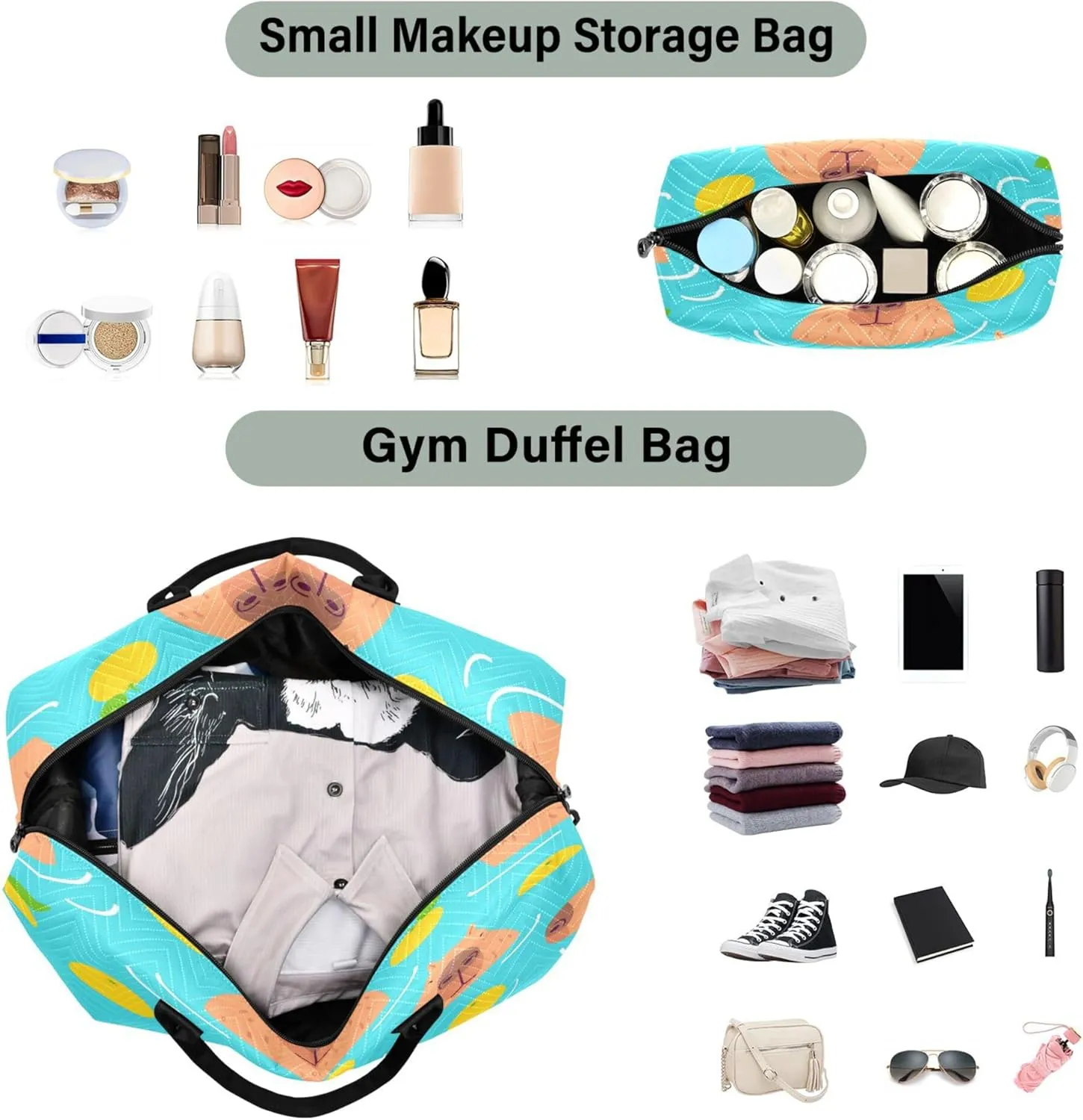 Exnundod Cute Capybara Water Fruit Travel Duffel Bags for Women Sports Gym Bag Weekender Carry On Tote Overnight Luggage Duffle Bags