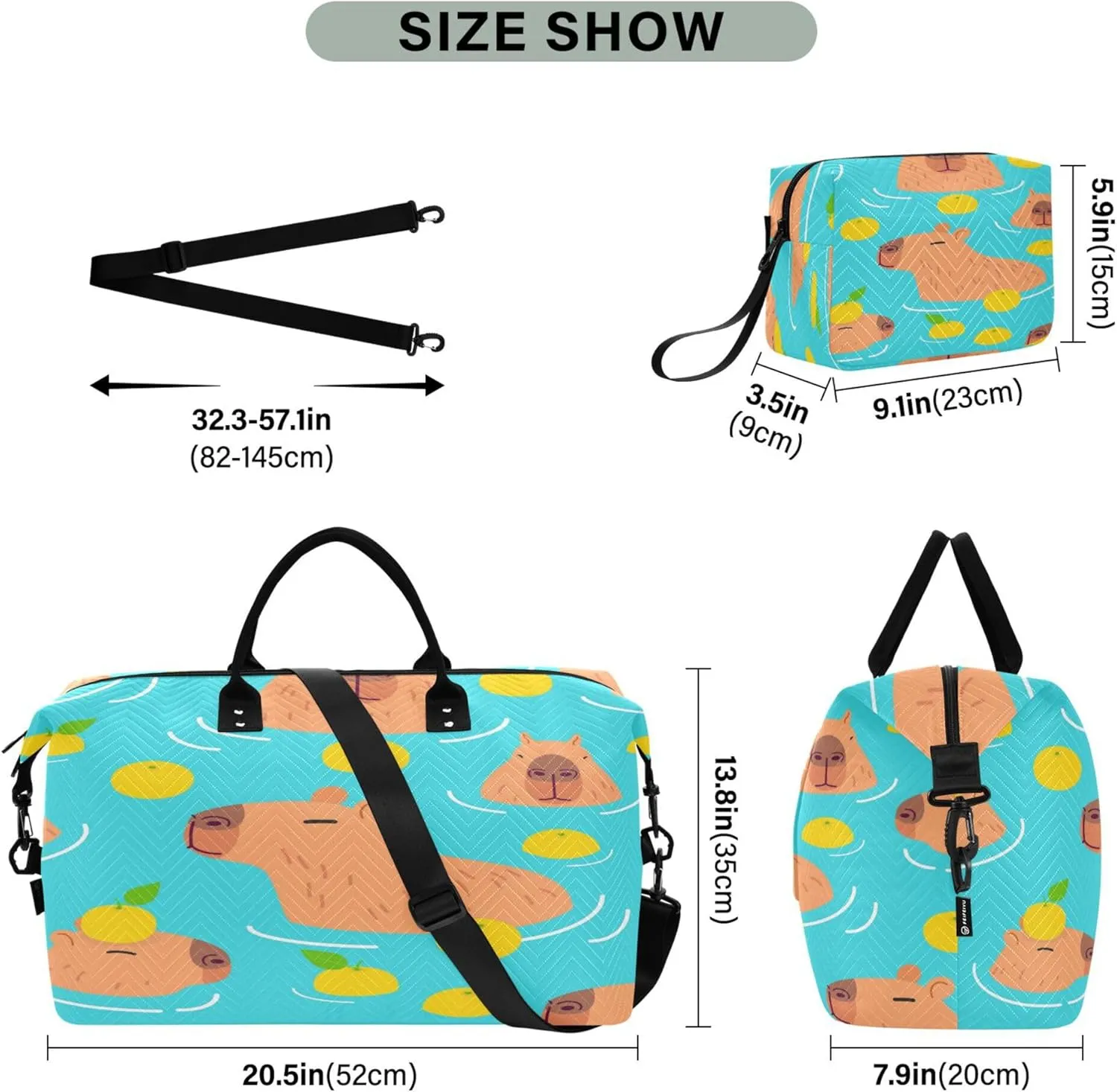 Exnundod Cute Capybara Water Fruit Travel Duffel Bags for Women Sports Gym Bag Weekender Carry On Tote Overnight Luggage Duffle Bags