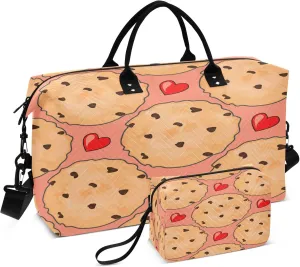Exnundod Delicious Chocolate Chip Cookies Travel Duffel Bags for Women Red Heart Sports Gym Bag Weekender Carry On Tote Overnight Luggage Duffle Bags