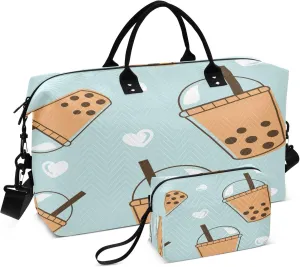 Exnundod Heart with Bubble Tea Cup Travel Duffel Bags for Women Sports Gym Bag Weekender Carry On Tote Overnight Luggage Duffle Bags