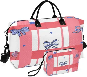 Exnundod Travel Duffel Bags 4th Of July Bow Stripes Sports Gym Bag Independence Day Weekender Carry On Tote Overnight Luggage Bags for Women and Men