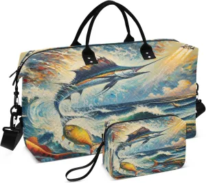 Exnundod Travel Duffel Bags Artistic Sailfish Leaping Out Sports Gym Bag Weekender Carry On Tote Overnight Luggage Bags for Women and Men