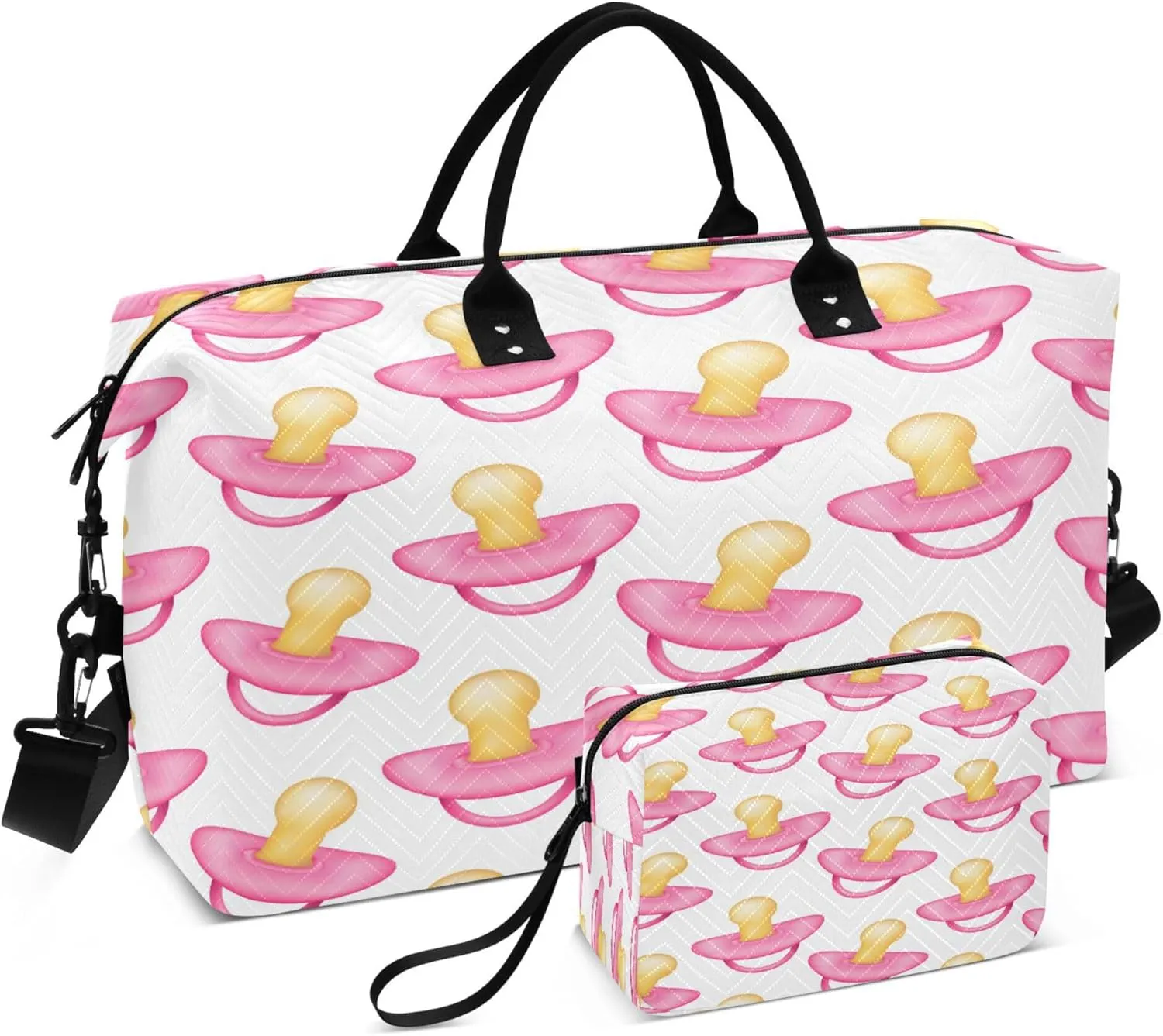 Exnundod Travel Duffel Bags Pink Pacifiers Seamless Pattern Sports Gym Bag Weekender Carry On Tote Overnight Luggage Bags for Women and Men