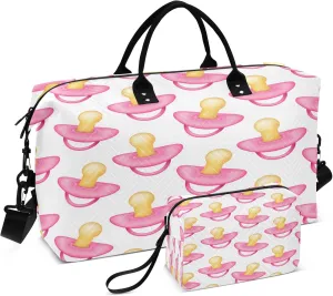 Exnundod Travel Duffel Bags Pink Pacifiers Seamless Pattern Sports Gym Bag Weekender Carry On Tote Overnight Luggage Bags for Women and Men