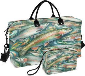 Exnundod Travel Duffel Bags Watercolor Artistic Trout Fish Sports Gym Bag Weekender Carry On Tote Overnight Luggage Bags for Women and Men