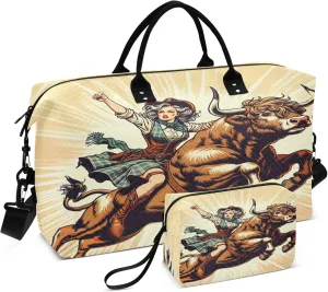 Exnundod Vintage Style Cowgirl Travel Duffel Bags for Women Highland Bull Sports Gym Bag Weekender Carry On Tote Overnight Luggage Duffle Bags