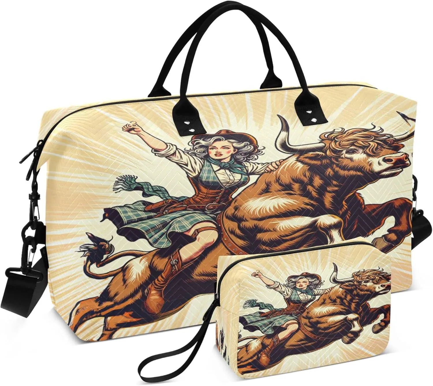 Exnundod Vintage Style Cowgirl Travel Duffel Bags for Women Highland Bull Sports Gym Bag Weekender Carry On Tote Overnight Luggage Duffle Bags