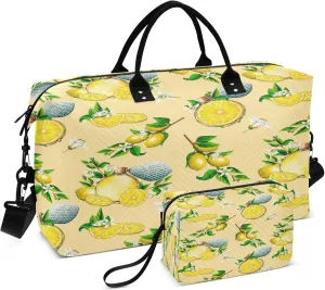 Exnundod Watercolor Lemon Flowers Travel Duffel Bags for Women Yellow Citrus Fruit Sports Gym Bag Weekender Carry On Tote Overnight Luggage Duffle Bags