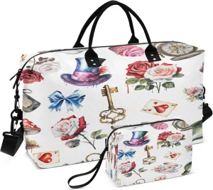Exnundod Watercolor Tea Cup Rose Flower Travel Duffel Bags for Women Retro Grunge Sports Gym Bag Weekender Carry On Tote Overnight Luggage Duffle Bags