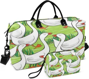 Exnundod White Gooses Cartoon Travel Duffel Bags for Women Animal Farm Sports Gym Bag Weekender Carry On Tote Overnight Luggage Duffle Bags
