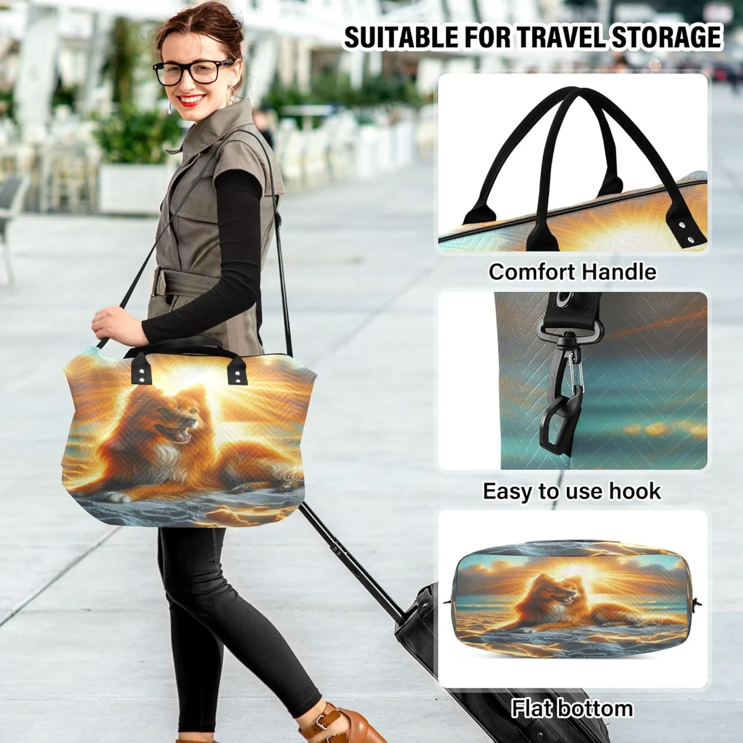 Exnundod Women Weekender Bags Artistic Dog Sunbathing Travel Duffel Bags Carry On Overnight Bag Summer Sunset Large Hospital Tote Luggage