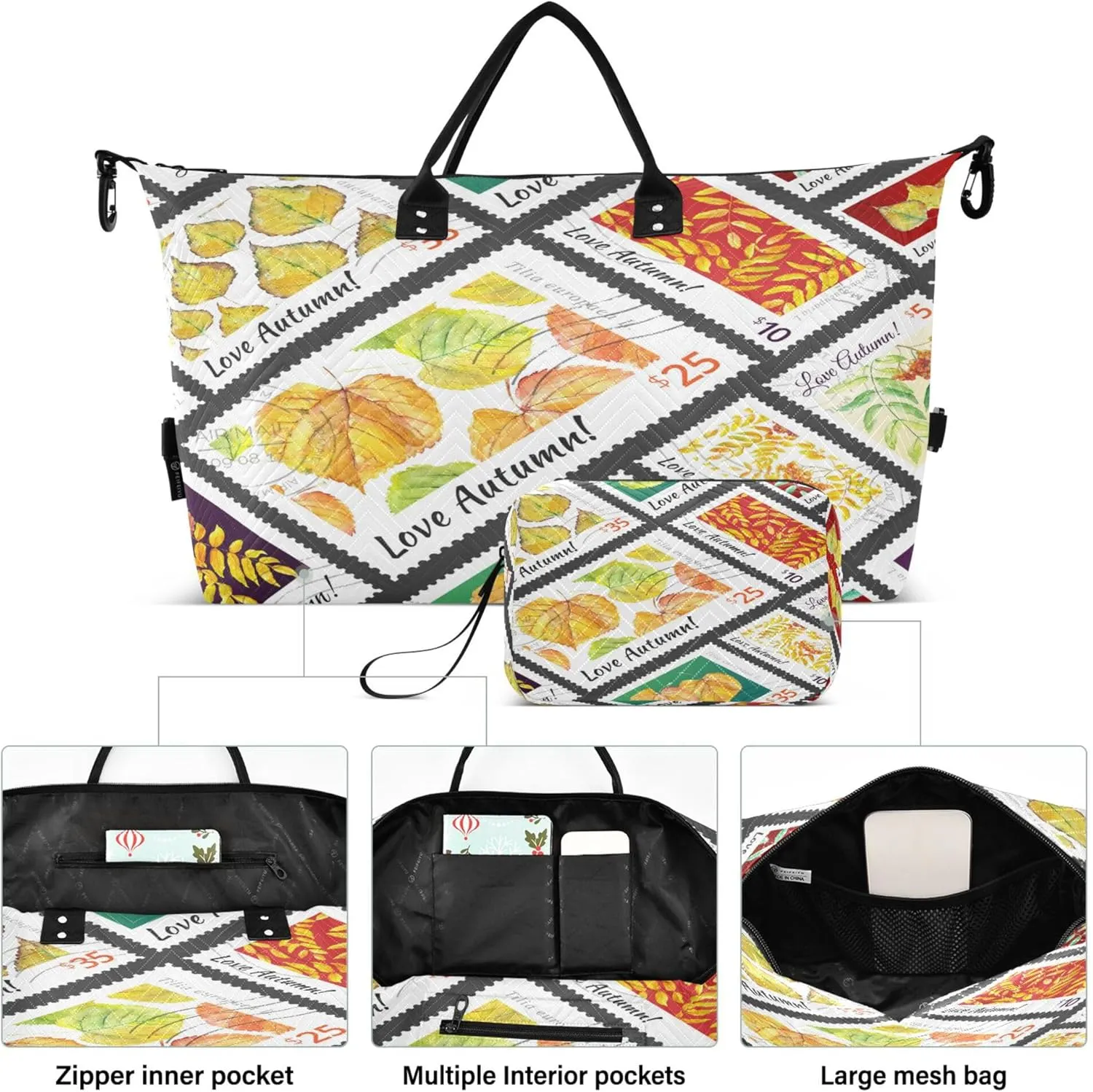 Exnundod Women Weekender Bags Autumn Floral Stamps Travel Duffel Bags Carry On Overnight Bag Watercolor Large Hospital Tote Luggage