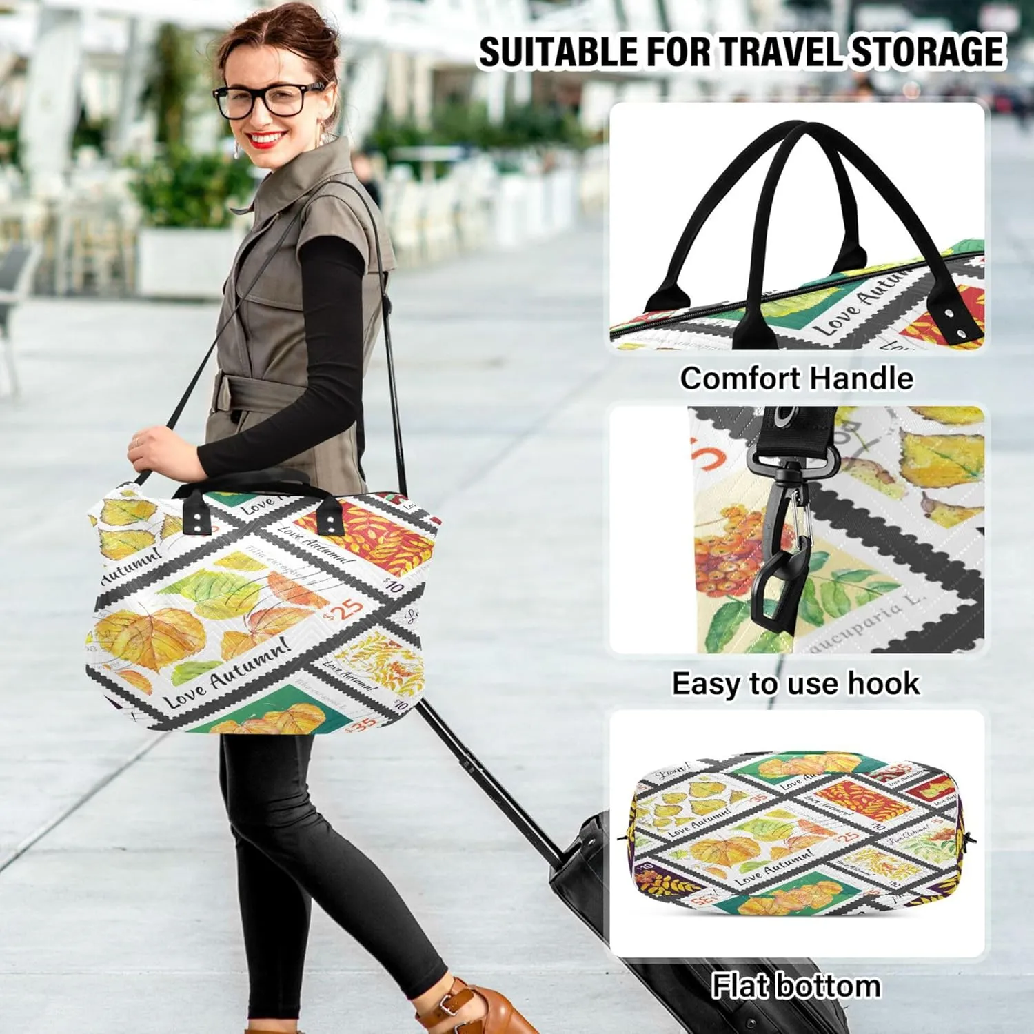 Exnundod Women Weekender Bags Autumn Floral Stamps Travel Duffel Bags Carry On Overnight Bag Watercolor Large Hospital Tote Luggage