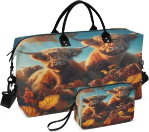Exnundod Women Weekender Bags Autumn Leaves Highland Cow Travel Duffel Bags Carry On Overnight Bag Large Hospital Tote Luggage