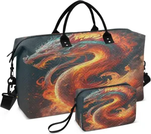 Exnundod Women Weekender Bags Burning Dragon Travel Duffel Bags Carry On Overnight Bag Red Fire Flame Large Hospital Tote Luggage