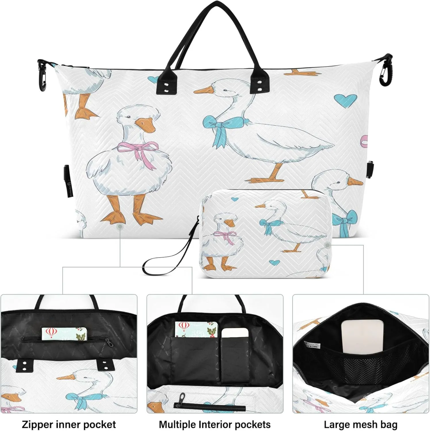 Exnundod Women Weekender Bags Cute Goose with Bow Tie Travel Duffel Bags Carry On Overnight Bag Hearts Large Hospital Tote Luggage
