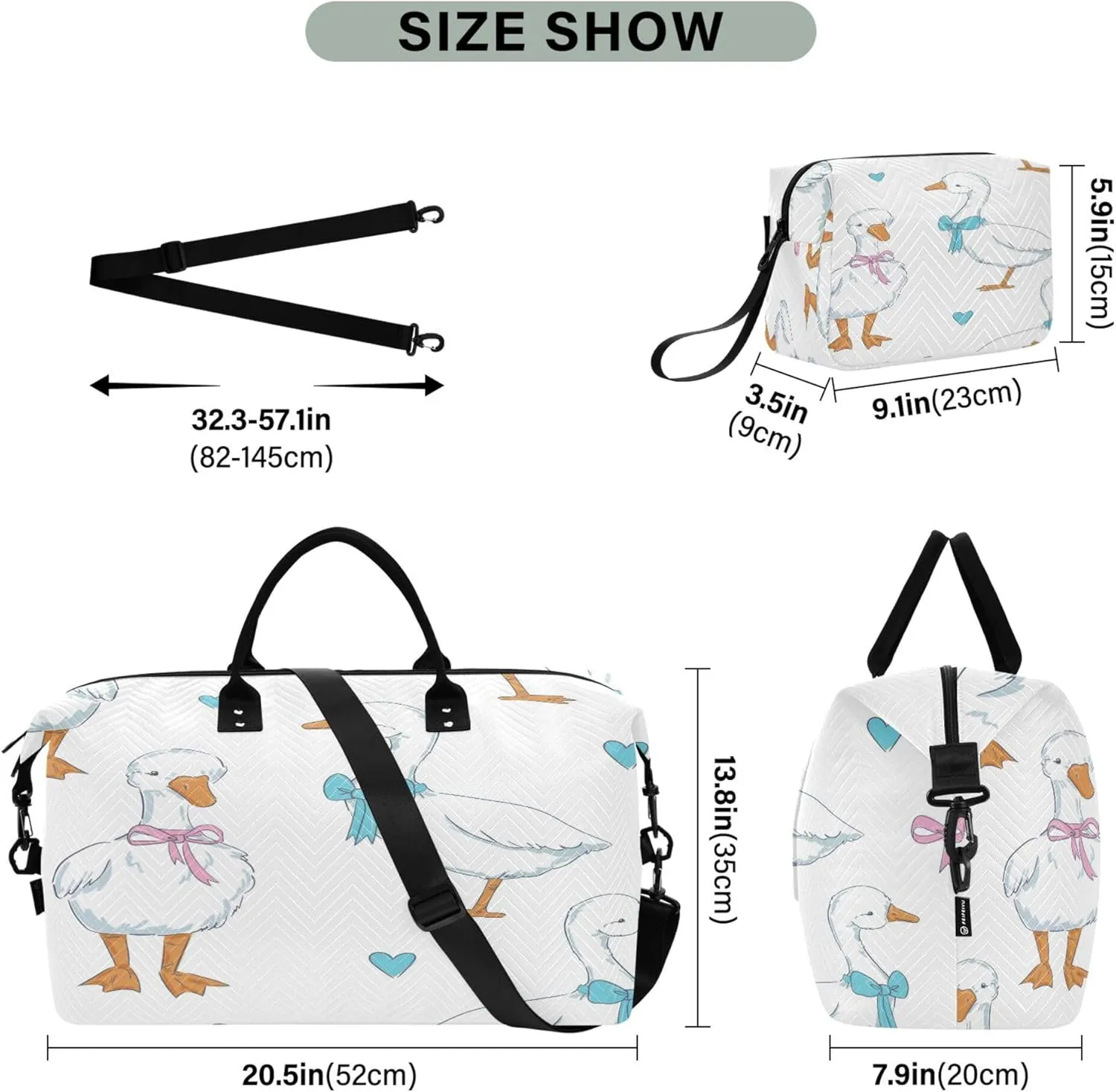 Exnundod Women Weekender Bags Cute Goose with Bow Tie Travel Duffel Bags Carry On Overnight Bag Hearts Large Hospital Tote Luggage