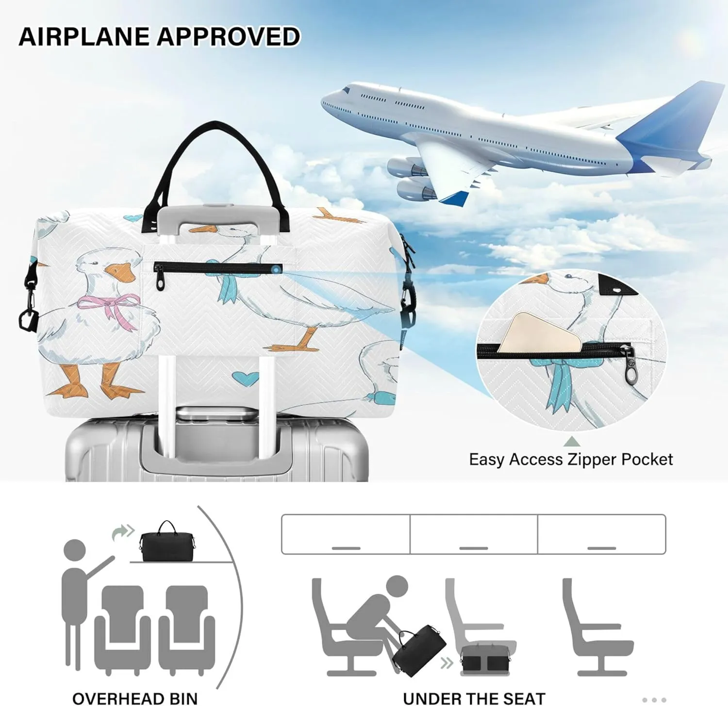 Exnundod Women Weekender Bags Cute Goose with Bow Tie Travel Duffel Bags Carry On Overnight Bag Hearts Large Hospital Tote Luggage