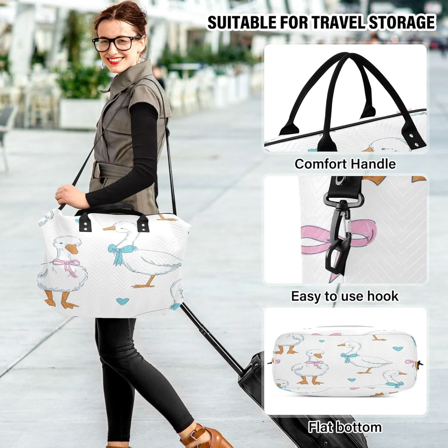 Exnundod Women Weekender Bags Cute Goose with Bow Tie Travel Duffel Bags Carry On Overnight Bag Hearts Large Hospital Tote Luggage