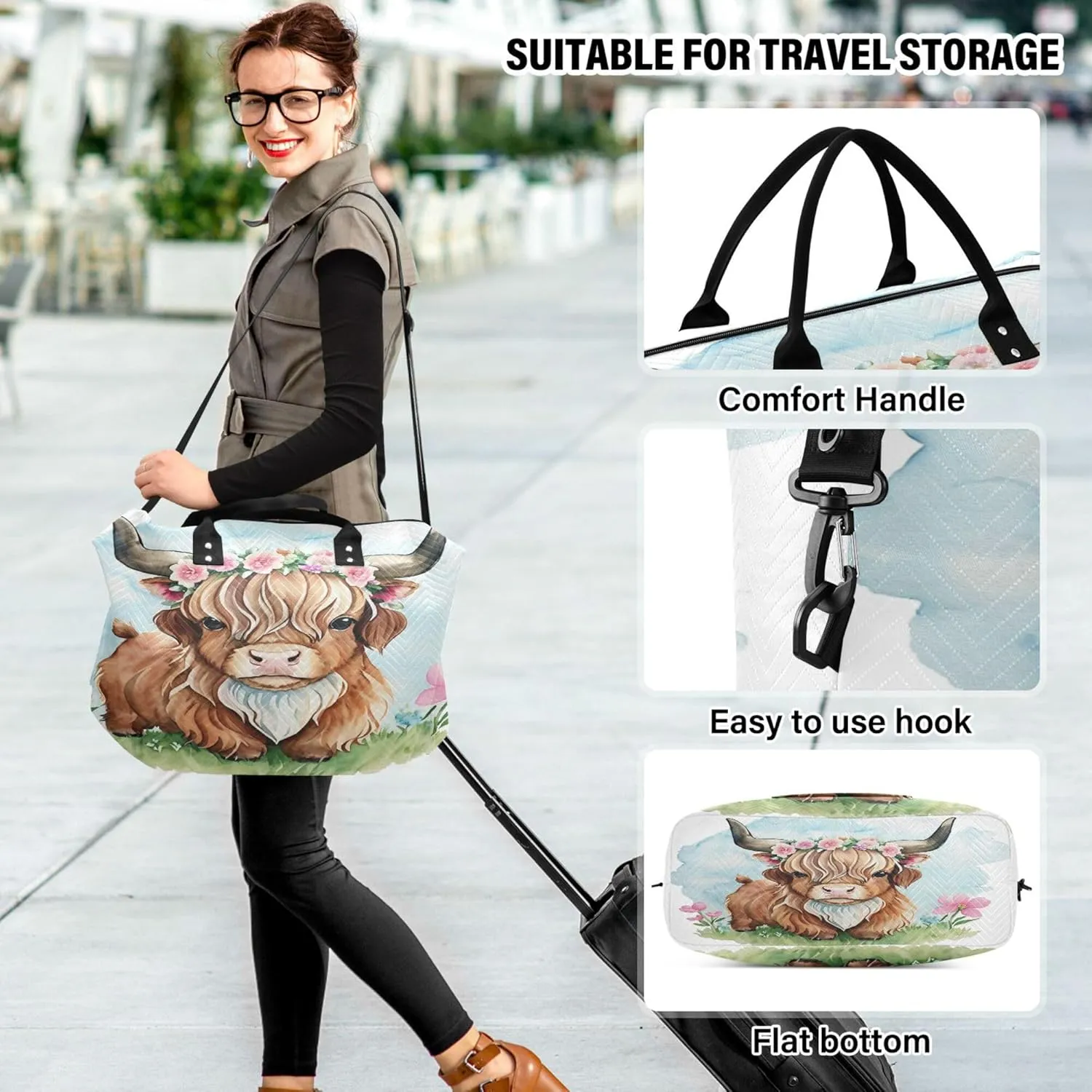 Exnundod Women Weekender Bags Cute Highland Cow Watercolor Travel Duffel Bags Carry On Overnight Bag Large Hospital Tote Luggage