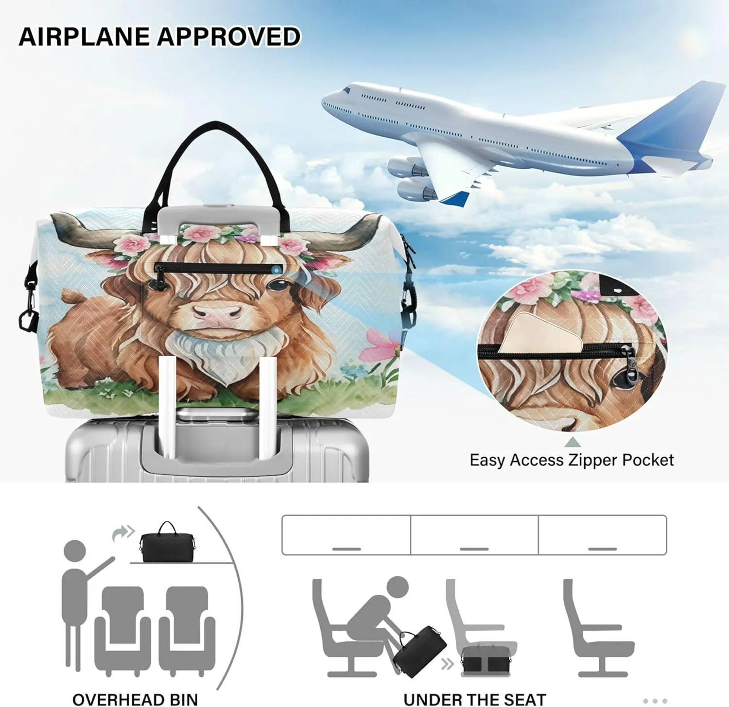 Exnundod Women Weekender Bags Cute Highland Cow Watercolor Travel Duffel Bags Carry On Overnight Bag Large Hospital Tote Luggage