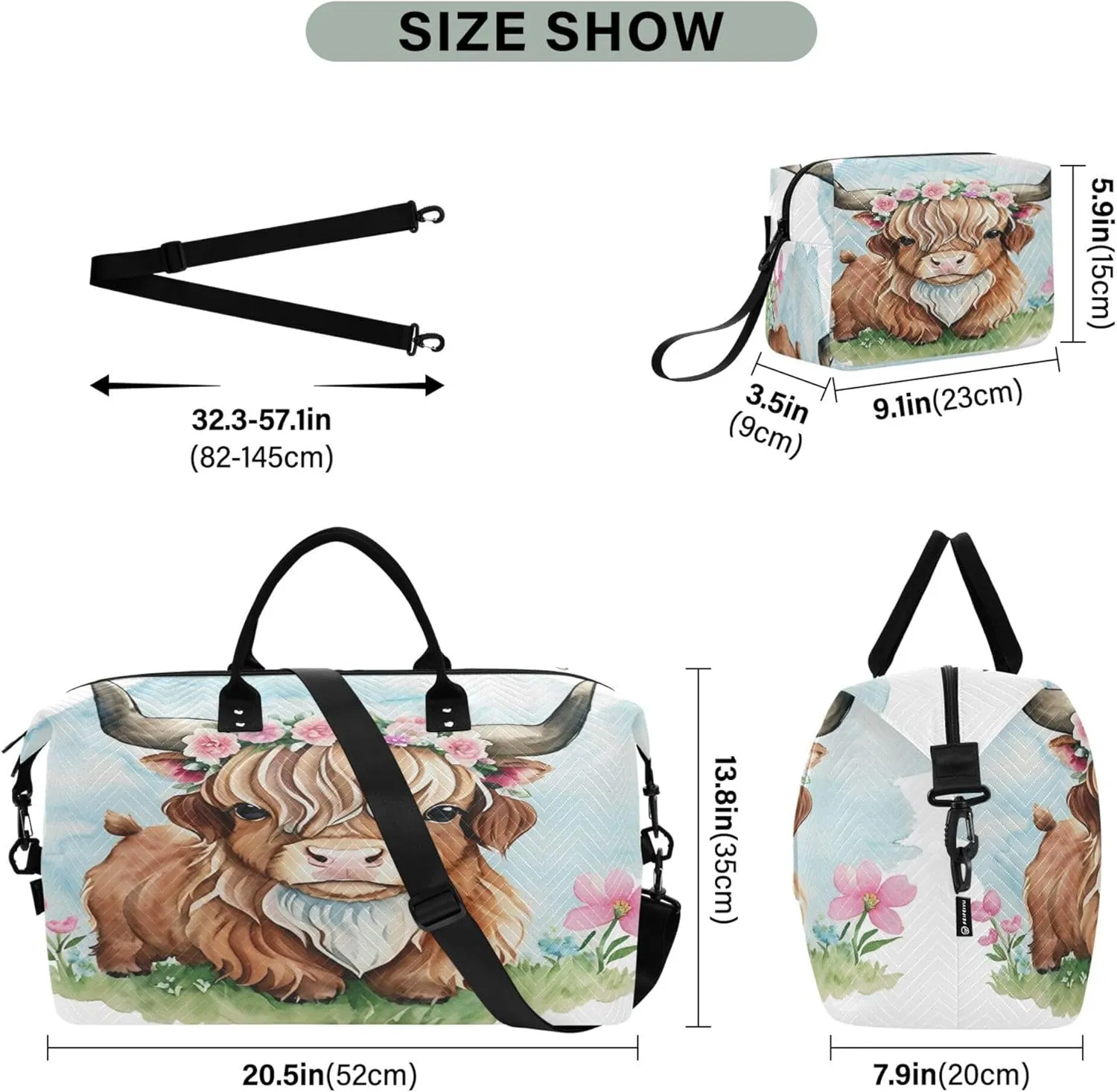 Exnundod Women Weekender Bags Cute Highland Cow Watercolor Travel Duffel Bags Carry On Overnight Bag Large Hospital Tote Luggage