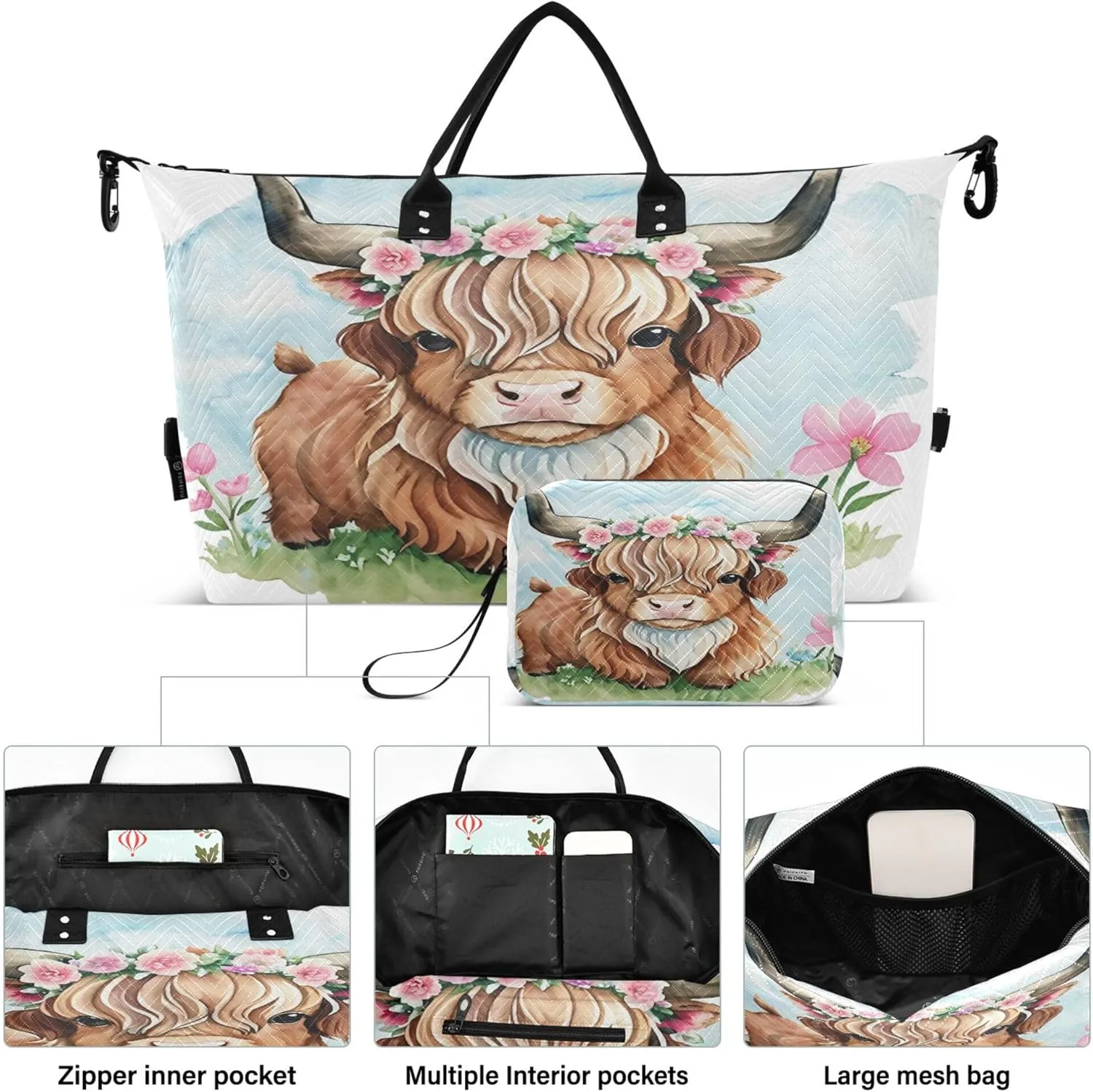 Exnundod Women Weekender Bags Cute Highland Cow Watercolor Travel Duffel Bags Carry On Overnight Bag Large Hospital Tote Luggage