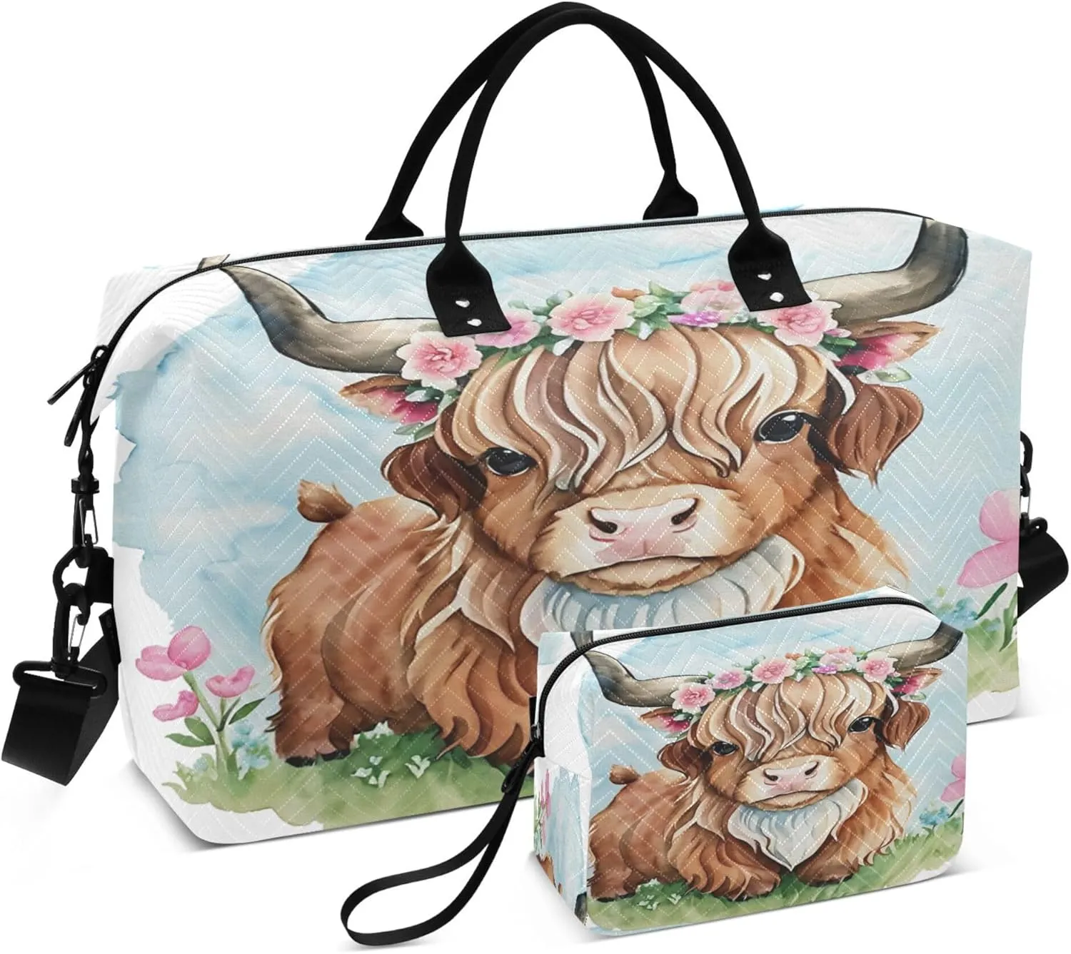 Exnundod Women Weekender Bags Cute Highland Cow Watercolor Travel Duffel Bags Carry On Overnight Bag Large Hospital Tote Luggage