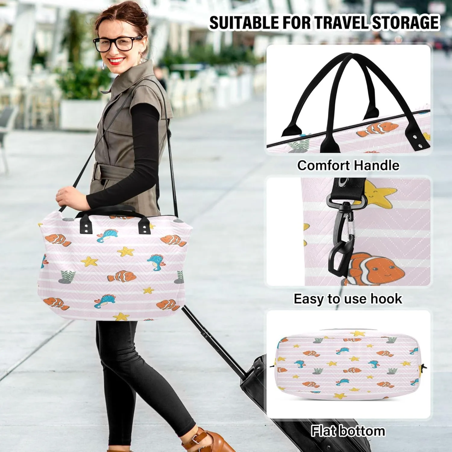 Exnundod Women Weekender Bags Cute Sea Animals Travel Duffel Bags Carry On Overnight Bag Stars Large Hospital Tote Luggage