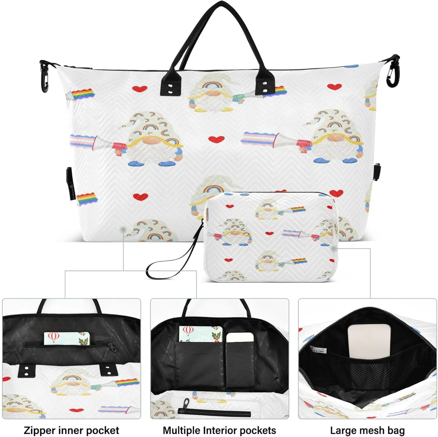 Exnundod Women Weekender Bags Gnome with Rainbow Flag Travel Duffel Bags Carry On Overnight Bag Lgbt Large Hospital Tote Luggage