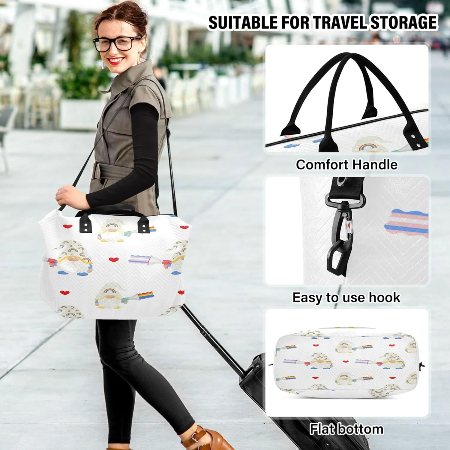 Exnundod Women Weekender Bags Gnome with Rainbow Flag Travel Duffel Bags Carry On Overnight Bag Lgbt Large Hospital Tote Luggage
