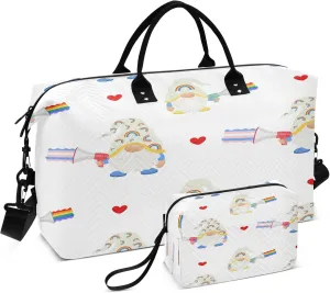 Exnundod Women Weekender Bags Gnome with Rainbow Flag Travel Duffel Bags Carry On Overnight Bag Lgbt Large Hospital Tote Luggage