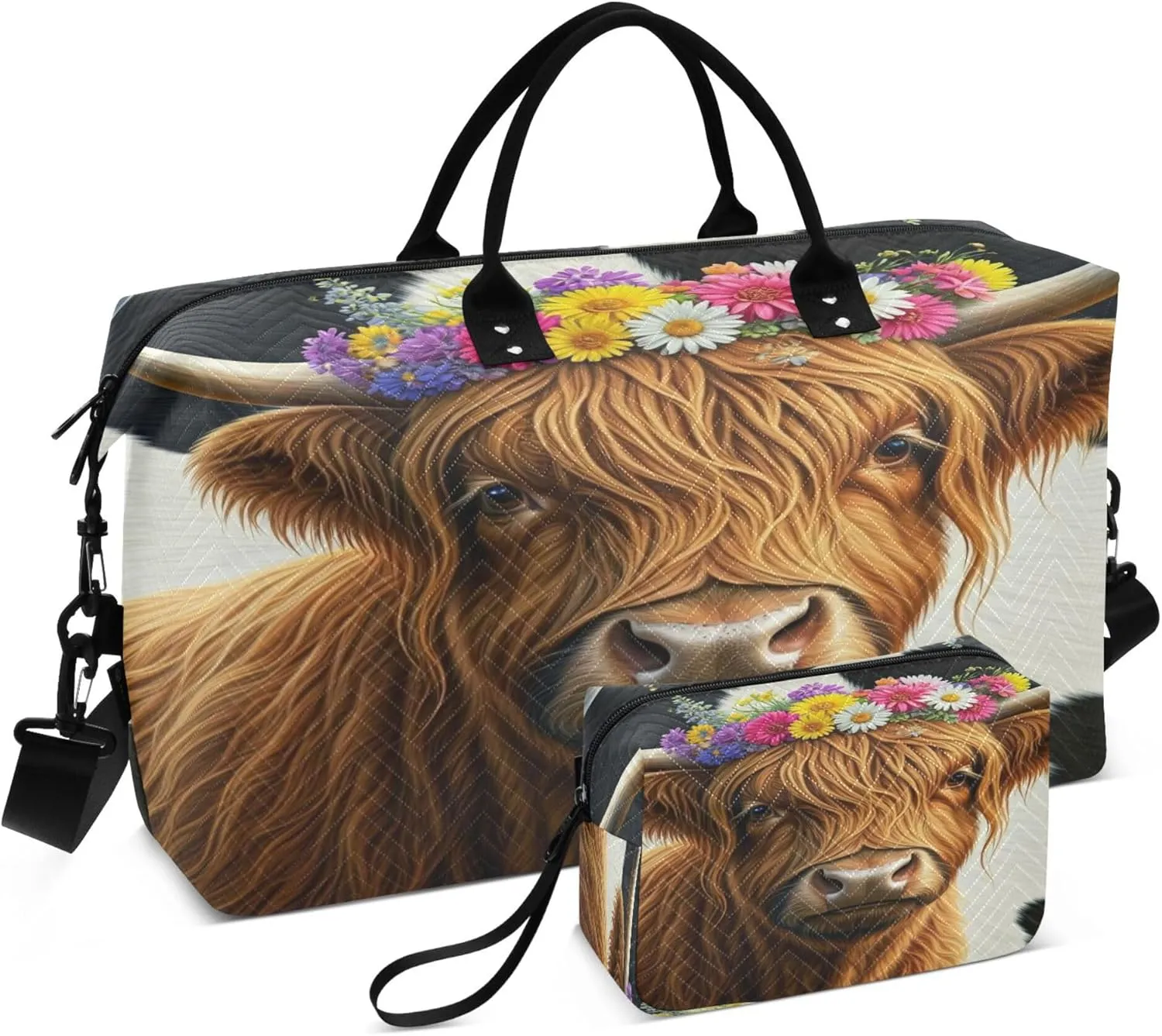 Exnundod Women Weekender Bags Highland Cow Wildflowers Gym Bags Carry On Overnight Duffle Large Duffle Tote Hospital Bag for Business Trip, Yoga