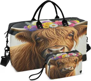 Exnundod Women Weekender Bags Highland Cow Wildflowers Gym Bags Carry On Overnight Duffle Large Duffle Tote Hospital Bag for Business Trip, Yoga